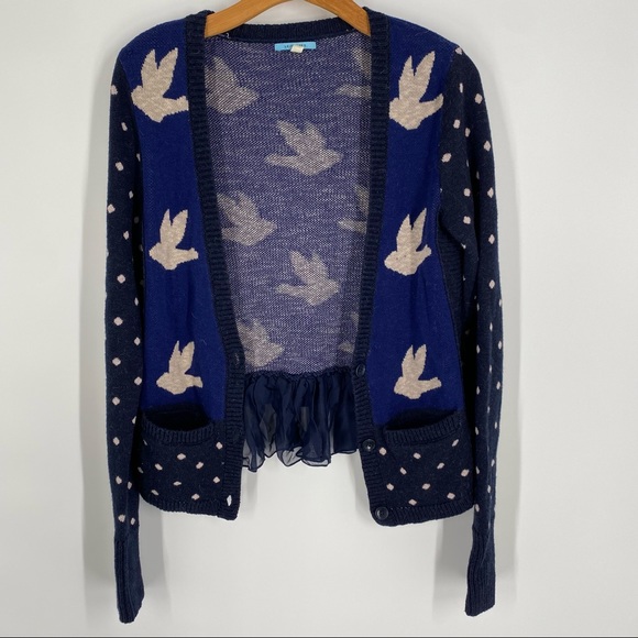 Anthropologie Leifnotes Blue Ruffled Flight Bird Button Front Sweater Cardigan - Picture 3 of 8